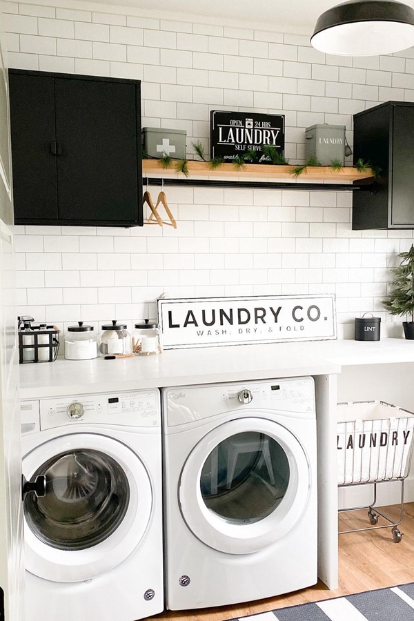 Black Tension Rod with Wooden Laundry Shelf - Clever Laundry Room Shelving Ideas fo Small Space