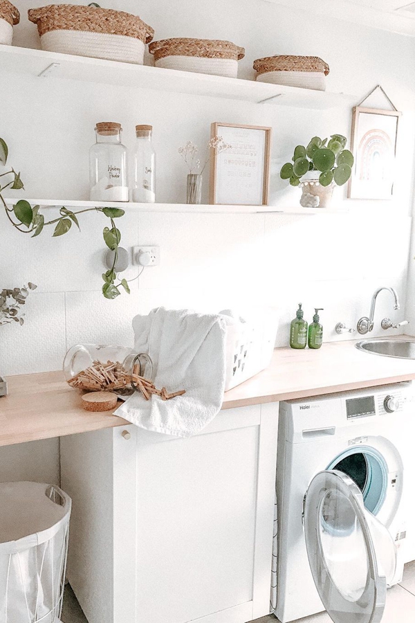 White Washed Laundry Shelves - Clever Laundry Room Shelving Ideas fo Small Space