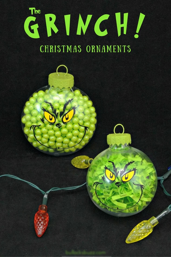 Two handmade Grinch Christmas ornaments