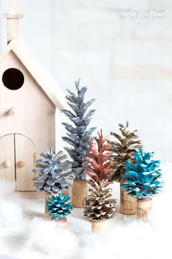 Hand-painted pinecone and cork Christmas tree decorations