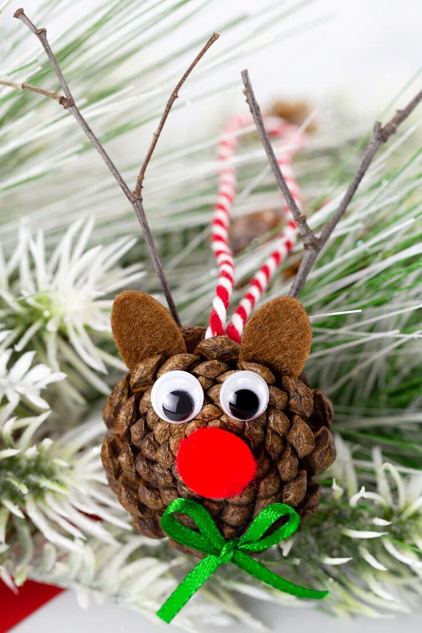 Handmade pine cone reindeer ornaments