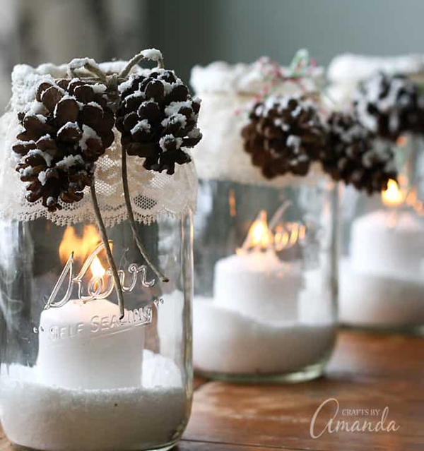 Snowy pinecone candle jars