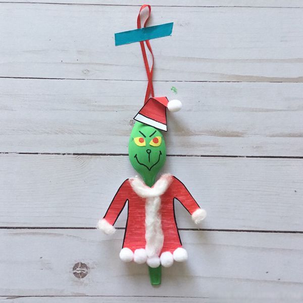 Handmade Grinch Christmas ornament made from a spoon