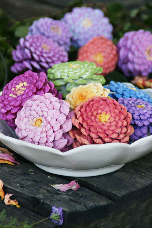 Handmade zinnia flowers made from pine cones